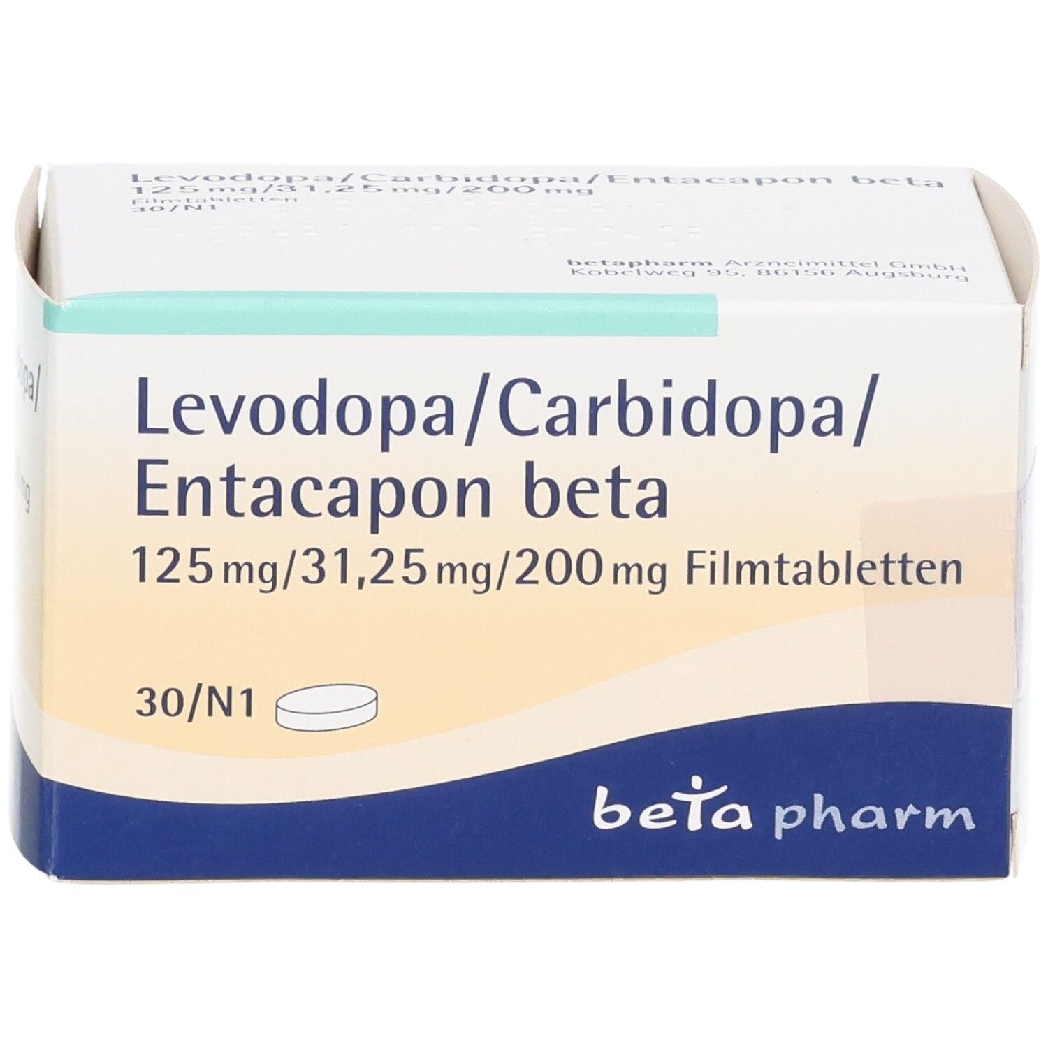 Schachtel mit Levodopa/Carbidopa/Entacapon beta Filmtabletten, 125mg/31,25mg/200mg, 30 Stück.