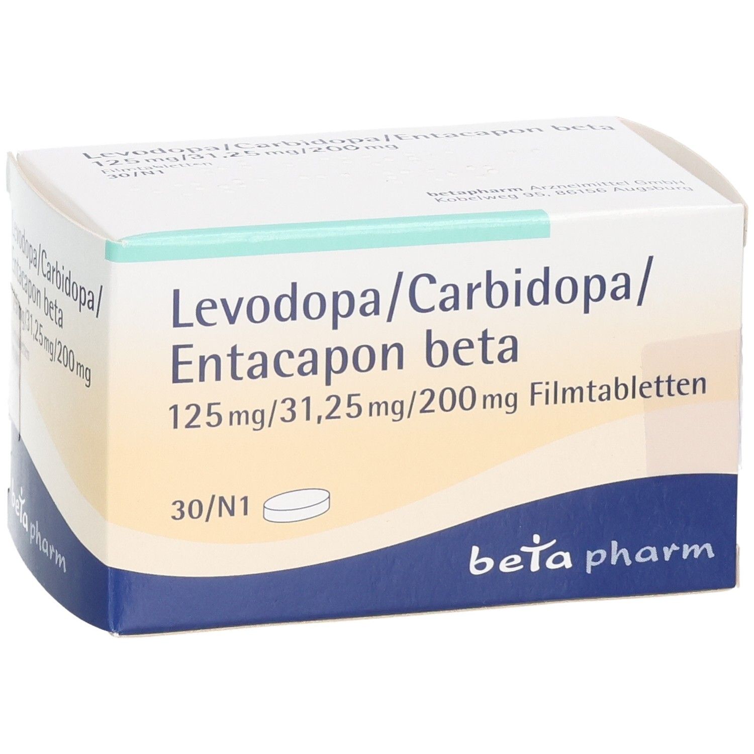 Schachtel mit Levodopa/Carbidopa/Entacapon beta Filmtabletten, 125mg/31,25mg/200mg, 30 Stück.