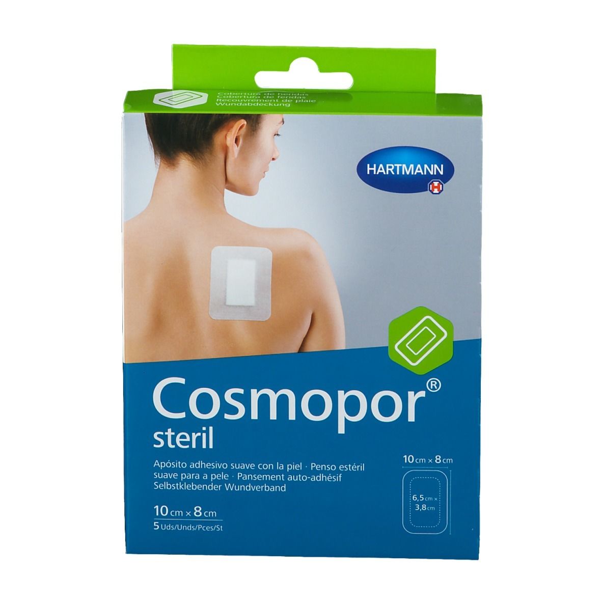 Cosmopor® steril Verpackung, 10 x 8 cm. Box mit Produktabbildung und Markennamen. Zeigt ein Pflaster auf dem Rücken.