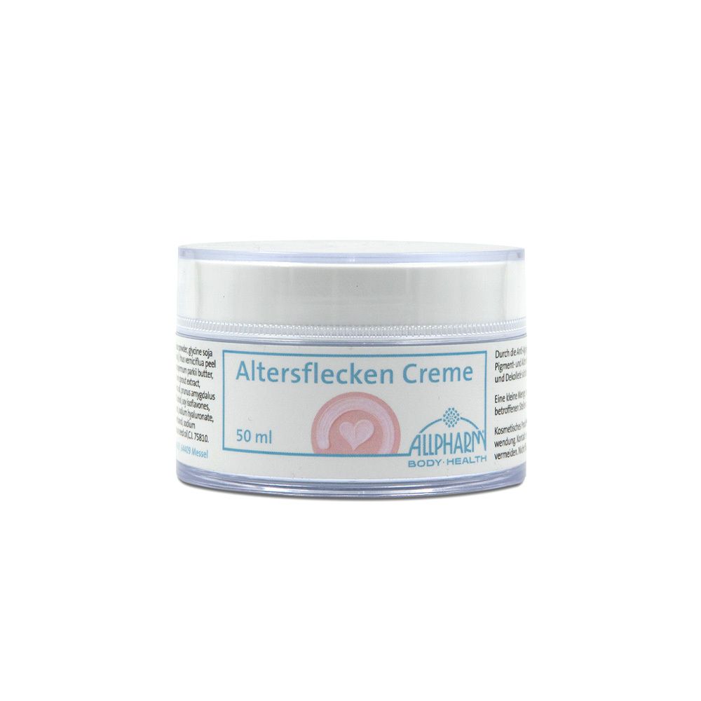 Creme-Dose mit Deckel. Aufschrift: Altersflecken Creme. Logo mit Herz. 50 ml.