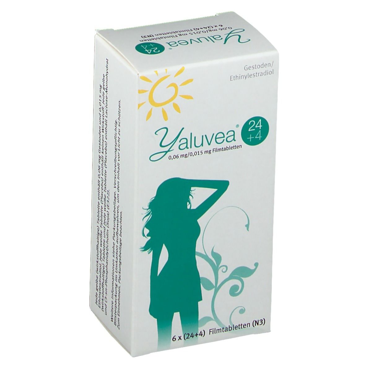 Weißer Karton mit Yaluvea-Logo, grüner Frauenfigur und Text. Enthält 6 Blisterpackungen mit Filmtabletten.