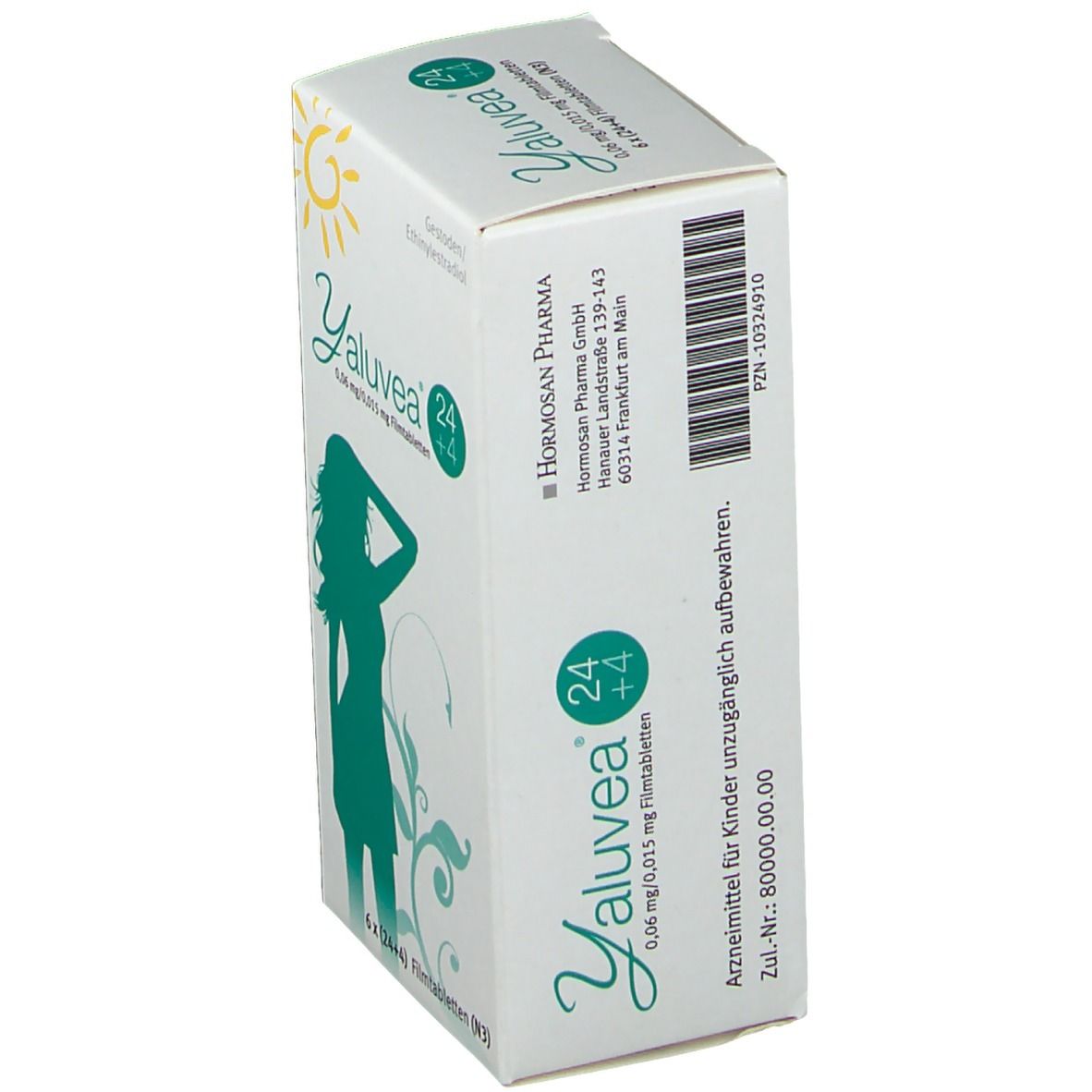 Schräg stehender weißer Karton mit Yaluvea-Logo, grüner Frauenfigur und Text. Barcode und Herstellerinformationen sichtbar.