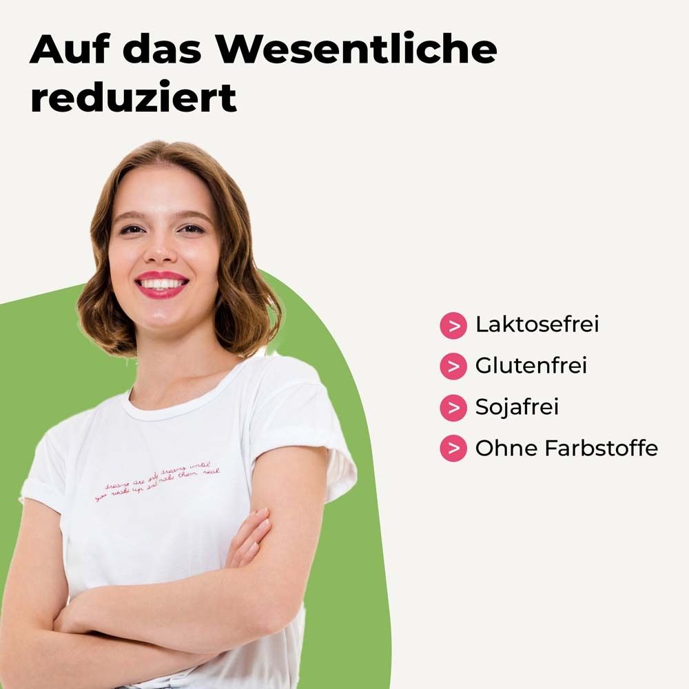 Frau mit weißem T-Shirt. Text: Auf das Wesentliche reduziert. Aufzählungspunkte: laktosefrei, glutenfrei, sojafrei, ohne Farbstoffe.