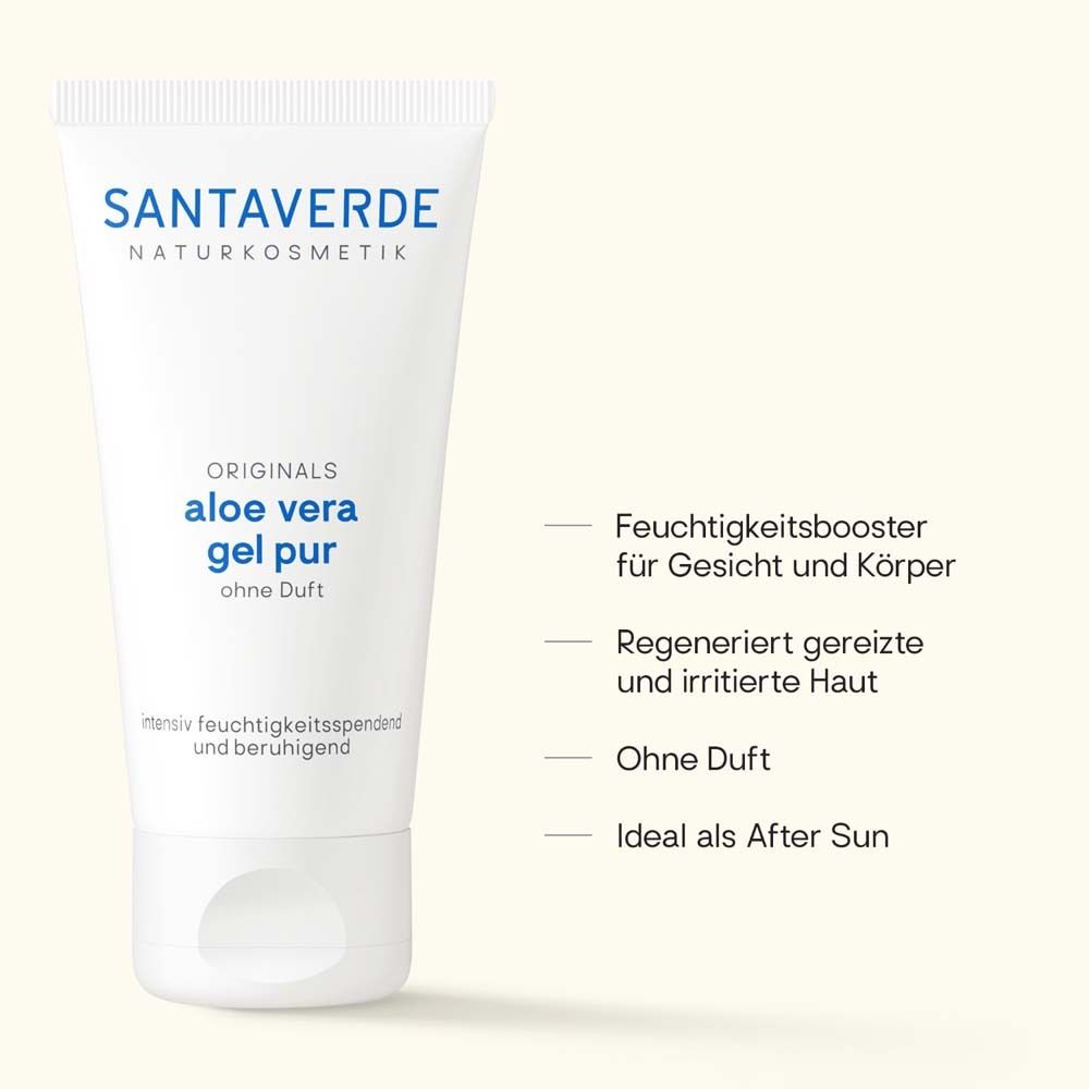 Weiße Tube mit SANTAVERDE-Logo und Produktbezeichnung: aloe vera gel pur ohne Duft. Text neben der Tube.