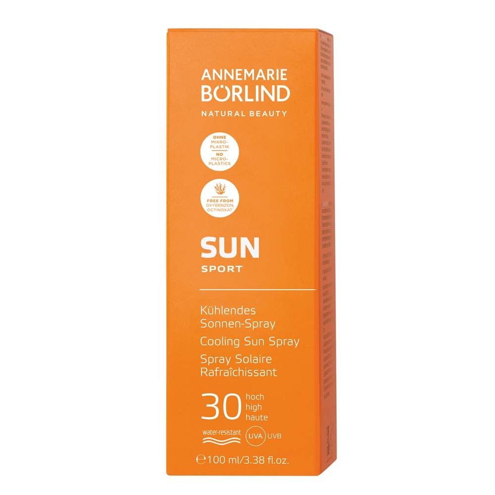 Sonnenspray in einer orangefarbenen Schachtel. Marke: ANNEMARIE BÖRLIND. Text: SUN SPORT. Schutzfaktor 30. Wasserfest.