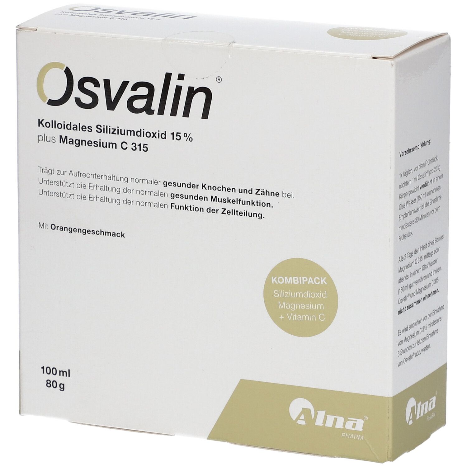 Karton OSVALIN. Kombipack Siliziumdioxid und Magnesium. Text: Trägt zur Erhaltung gesunder Knochen und Zähne bei. Mit Orangengeschmack.