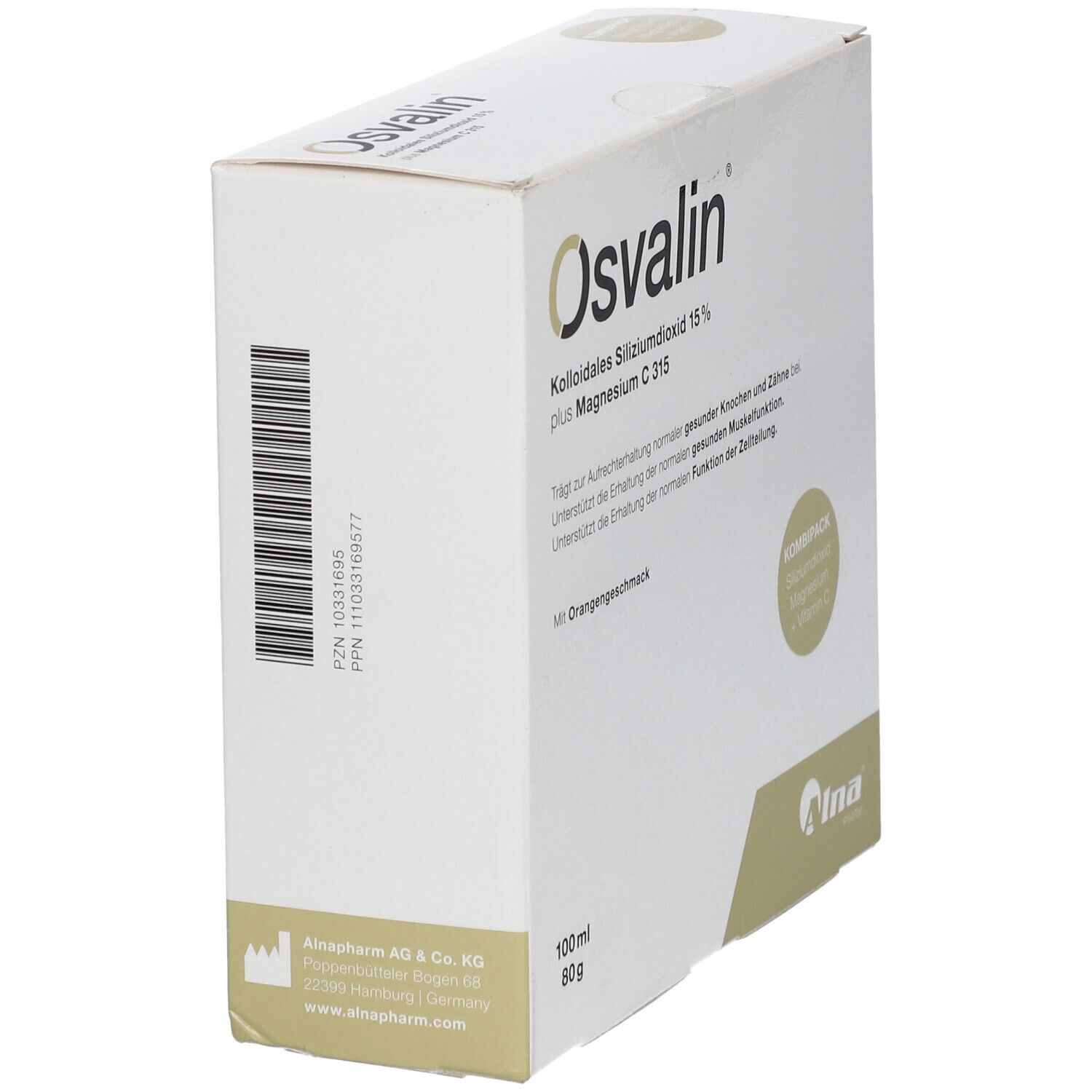 OSVALIN-Karton, Seitenansicht. Text: Kolloidales Siliziumdioxid 15% plus Magnesium C 315. PZN-Code und Herstelleradresse.