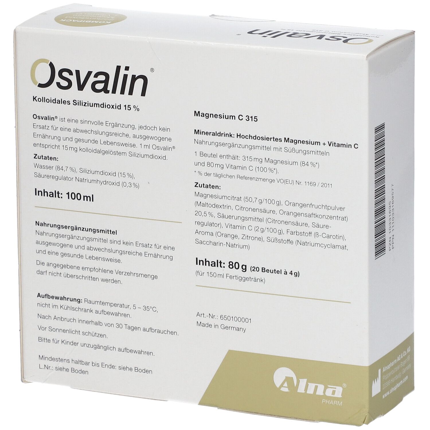 OSVALIN-Karton, Rückseite. Text: Mineraldrink mit Magnesium und Vitamin C. Inhaltsstoffe und Nährwertangaben. Herstellerlogo.