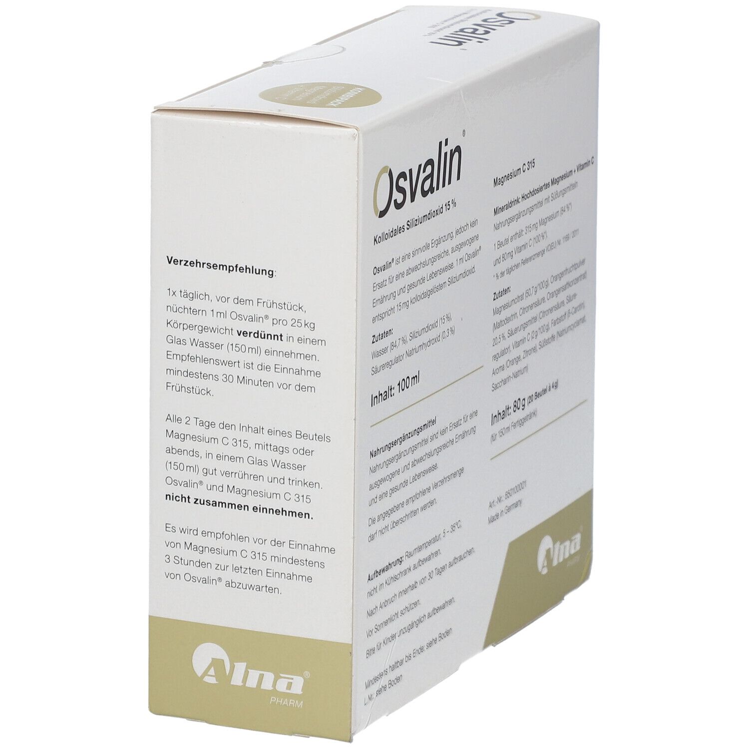 OSVALIN-Karton, Detailansicht. Text: Verzehrempfehlung. Inhaltsangabe: 100 ml. Herstellerlogo.