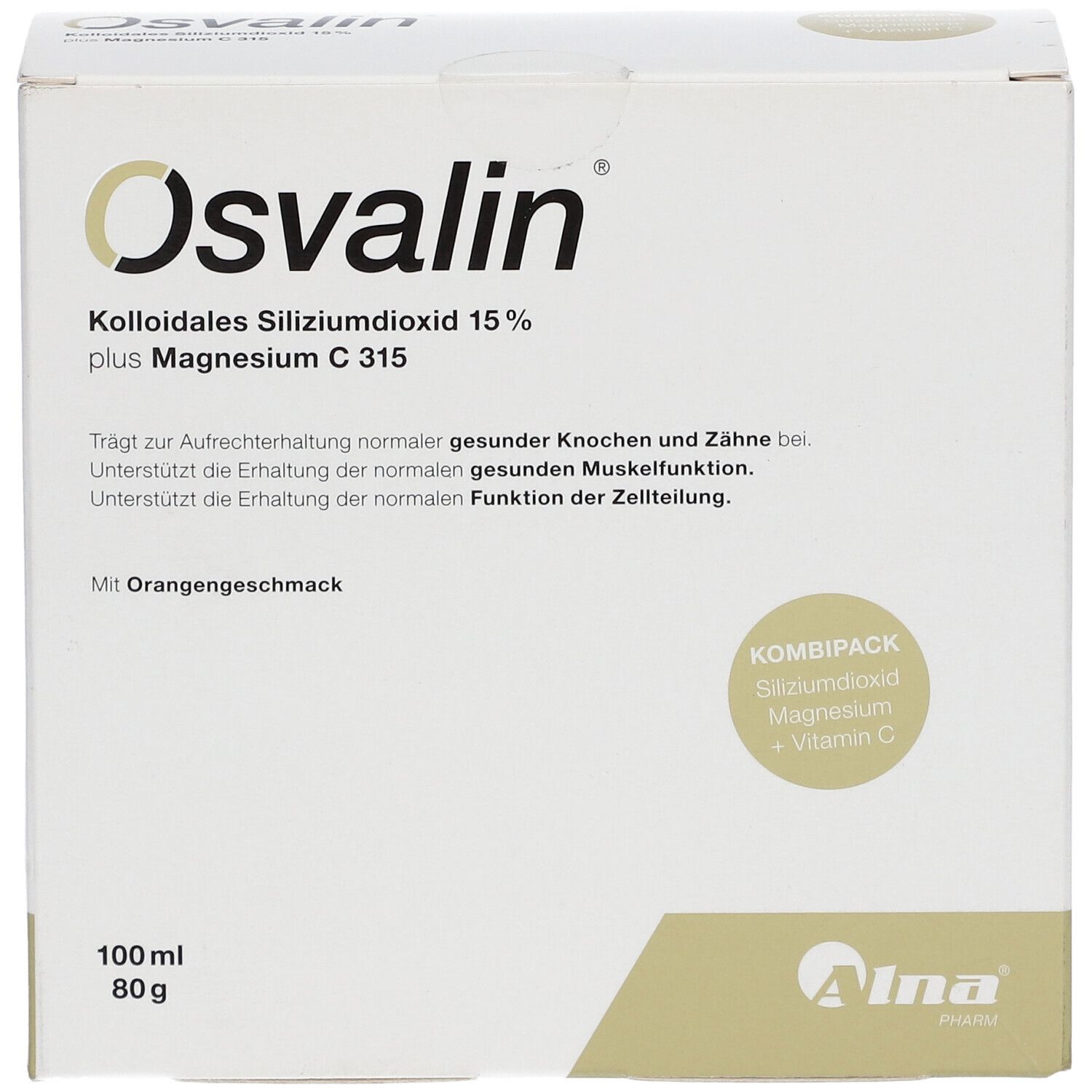 OSVALIN-Karton. Text: Kolloidales Siliziumdioxid 15% plus Magnesium C 315. Kombipack. Mit Orangengeschmack. Herstellerlogo.