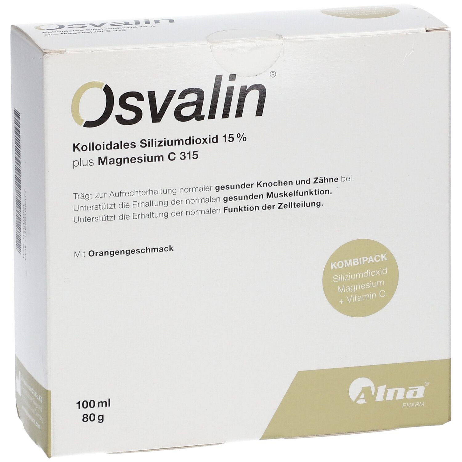 OSVALIN-Karton. Text: Kolloidales Siliziumdioxid 15% plus Magnesium C 315. Kombipack. Mit Orangengeschmack. Herstellerlogo.