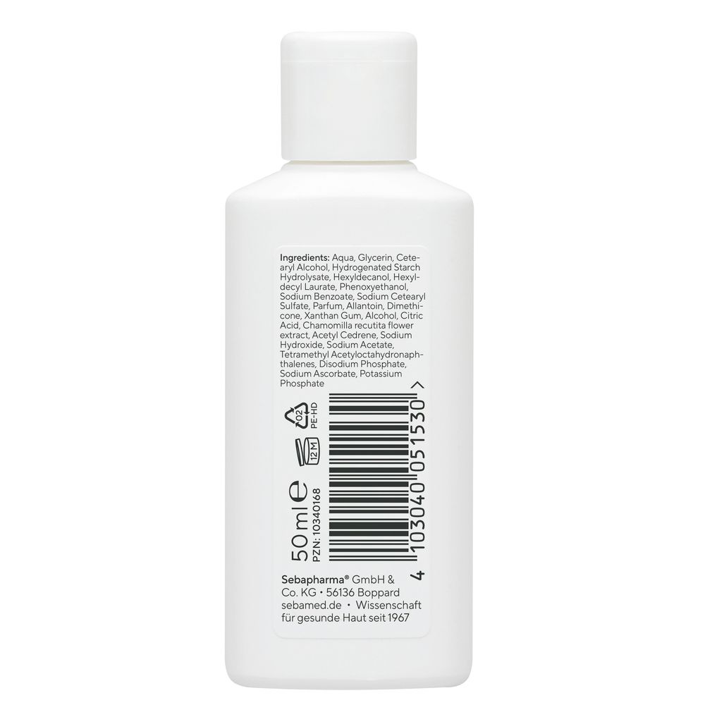 Rückseite einer weißen Lotion-Flasche. Text: Inhaltsstoffe, 50 ml, Barcode, Herstellerinformationen.