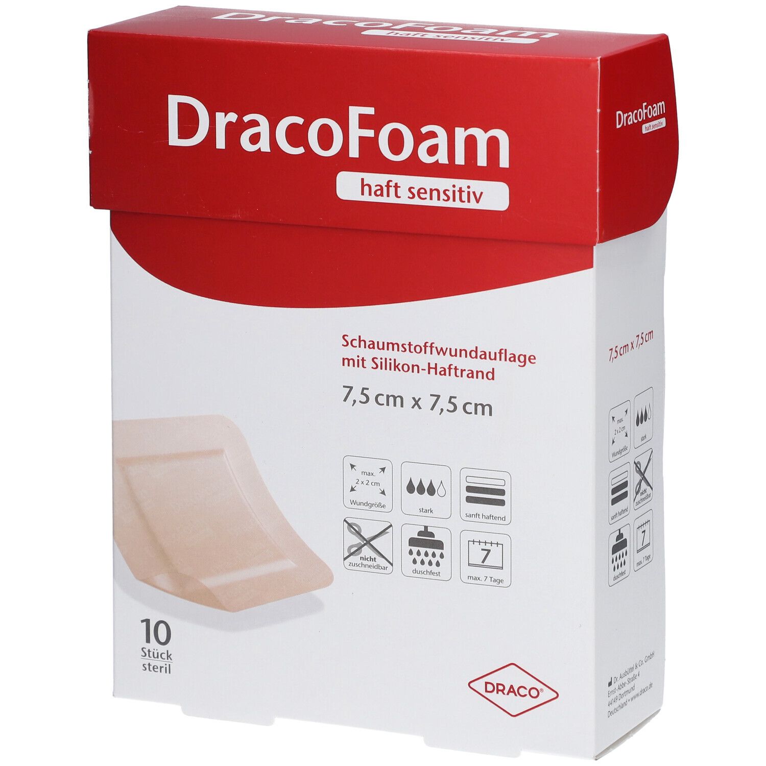 Verpackung von DracoFoam, 7,5x7,5 cm. Enthält 10 sterile Schaumstoffwundauflagen. Roter Deckel mit Produktnamen.