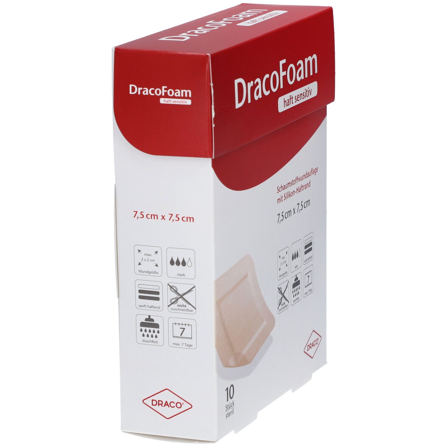 DracoFoam-Verpackung, 7,5x7,5 cm. Seitenansicht. Roter Deckel. 10 sterile Schaumstoffwundauflagen. Produktname deutlich sichtbar.