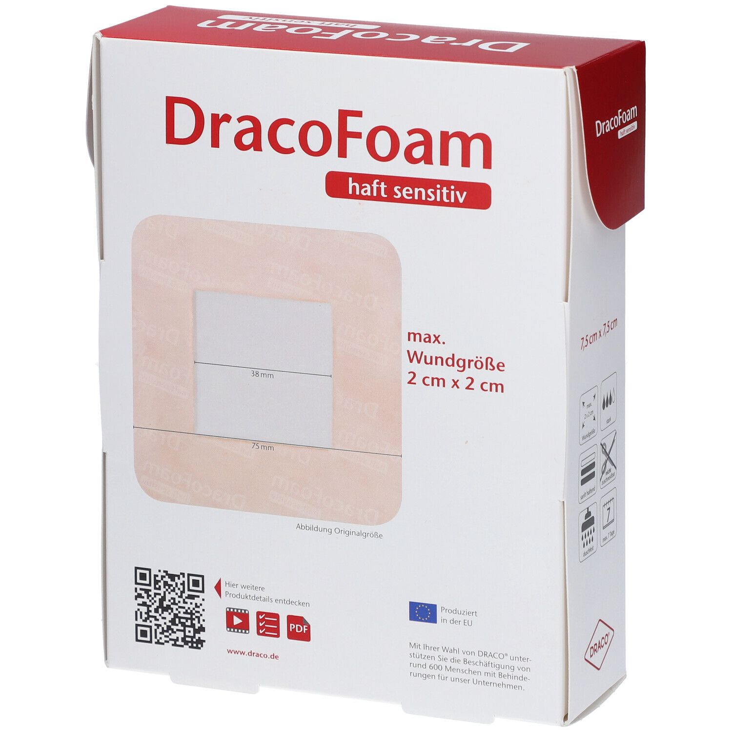 DracoFoam-Verpackung, 7,5x7,5 cm. Zeigt eine Schaumstoffwundauflage. Maximale Wundgröße 2x2 cm. QR-Code und Logos.