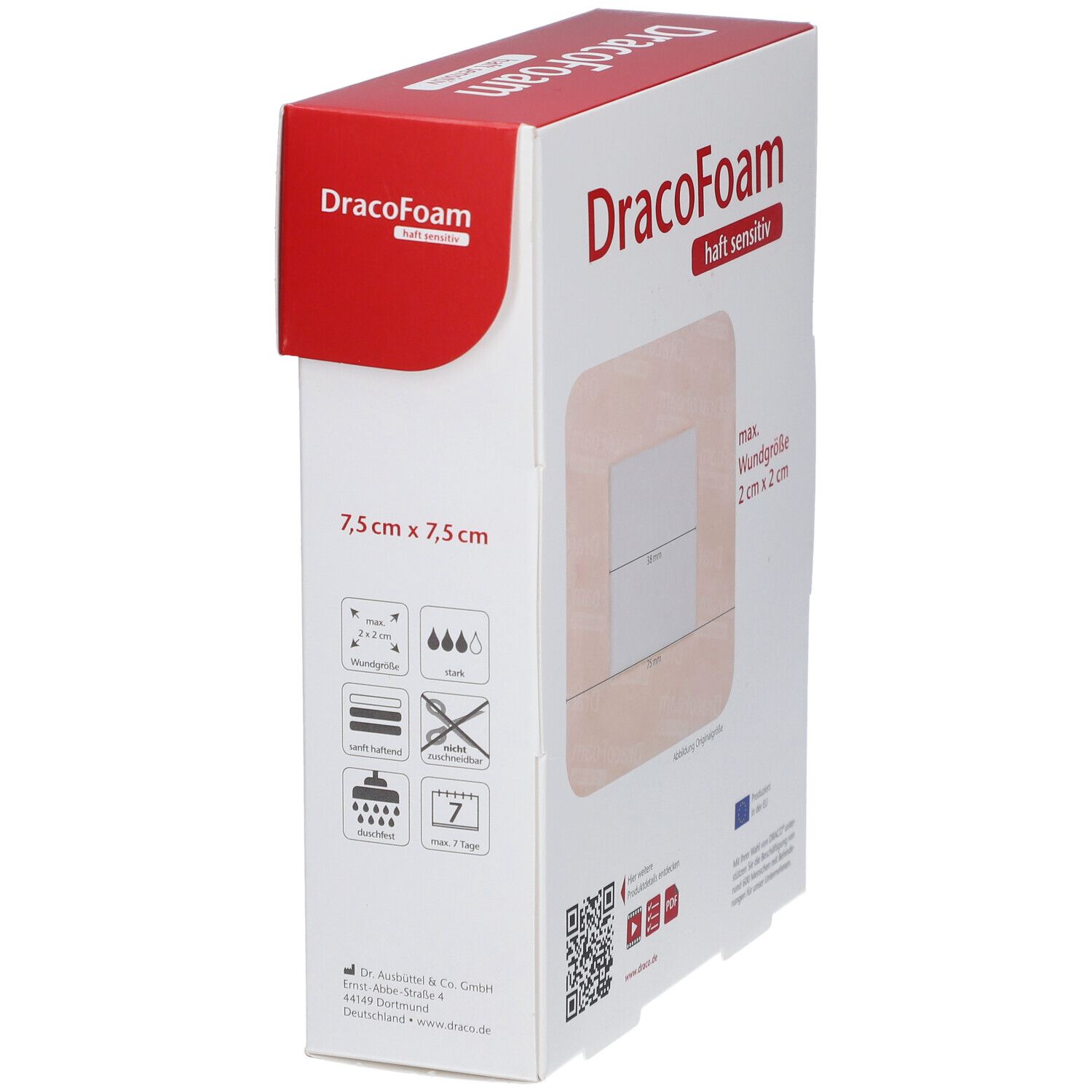 DracoFoam-Verpackung, 7,5x7,5 cm. Seitenansicht. Schaumstoffwundauflage abgebildet. Roter Deckel. Logos und QR-Code.