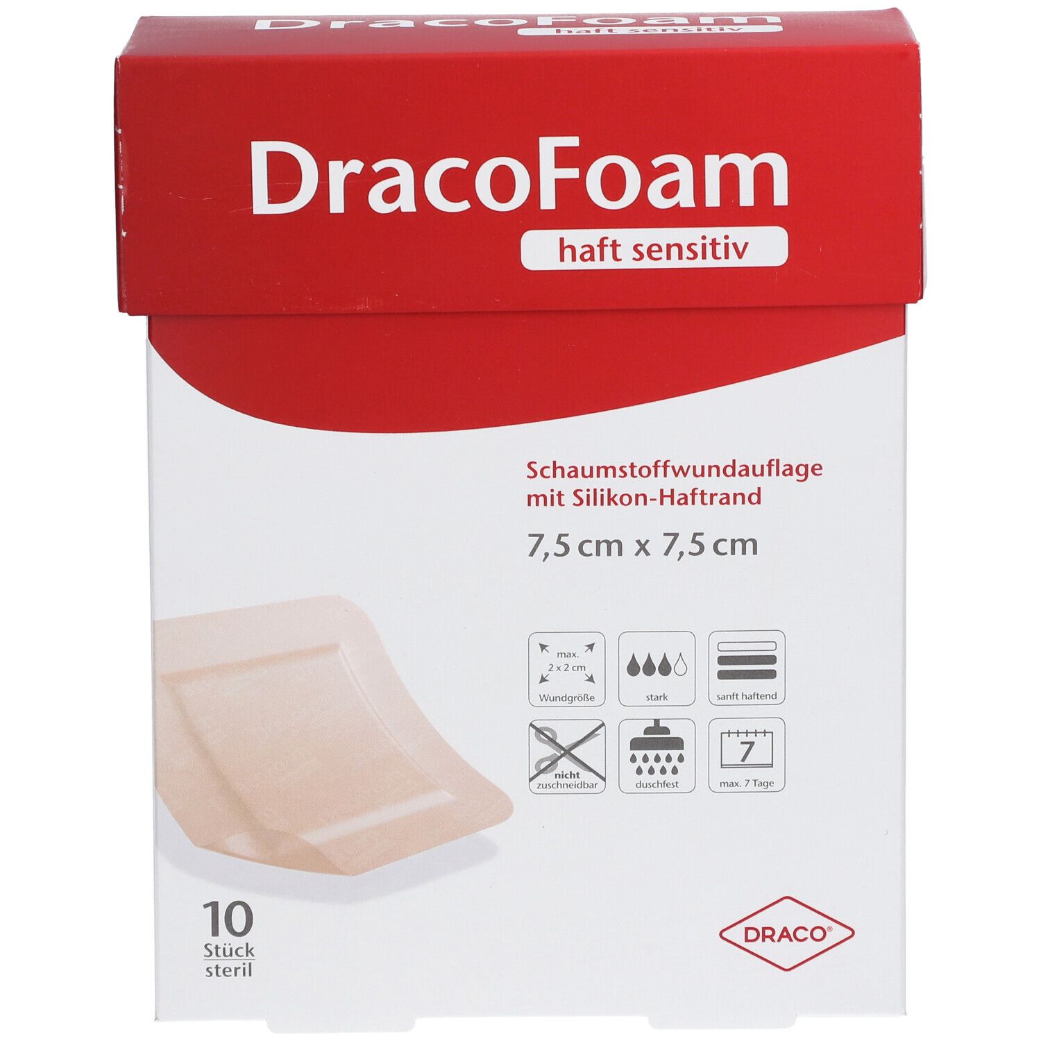 Verpackung von DracoFoam, 7,5x7,5 cm. 10 sterile Schaumstoffwundauflagen. Roter Deckel mit Produktnamen und Logos.