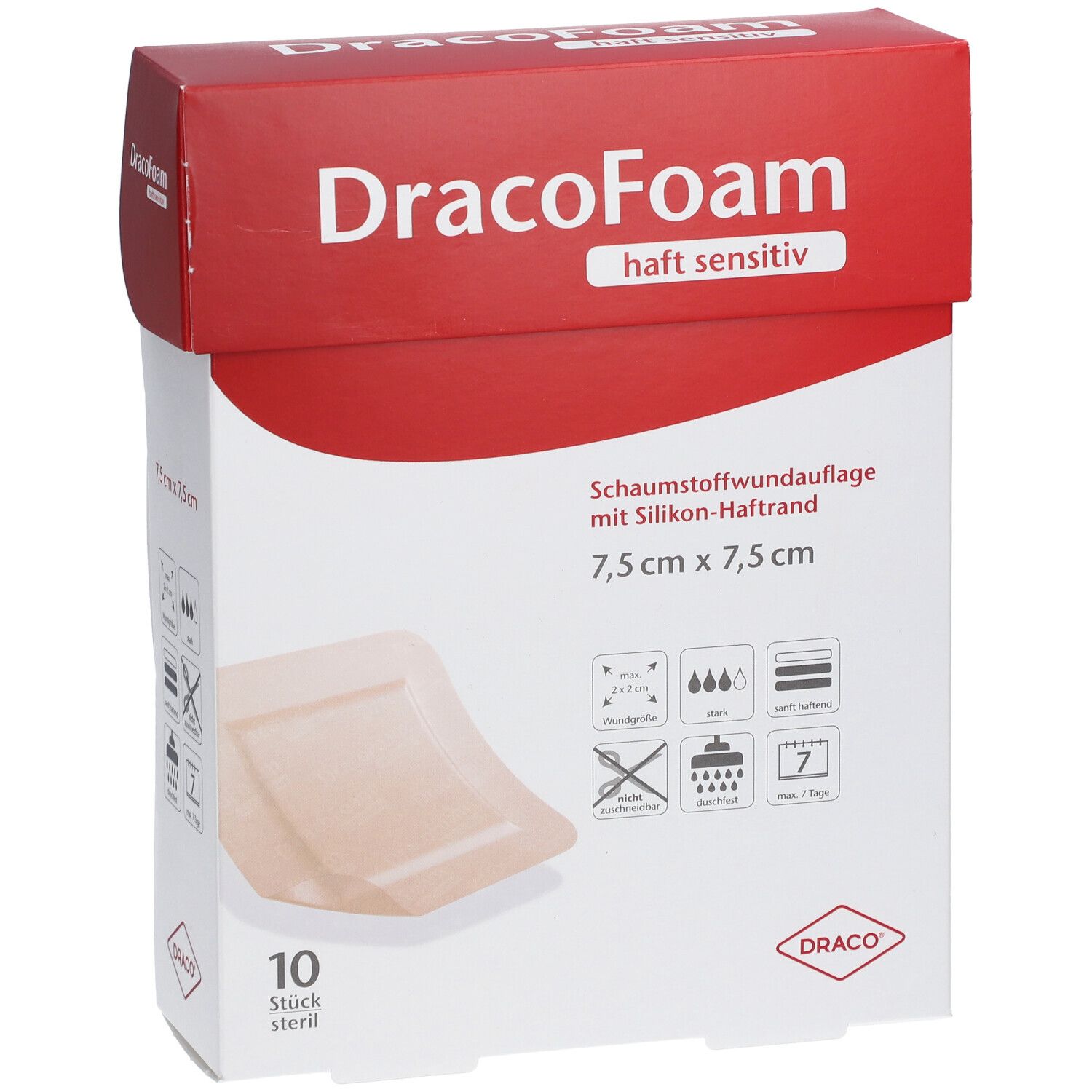 DracoFoam-Verpackung, 7,5x7,5 cm. Schaumstoffwundauflage abgebildet. Roter Deckel. Produktname und Logos deutlich sichtbar.