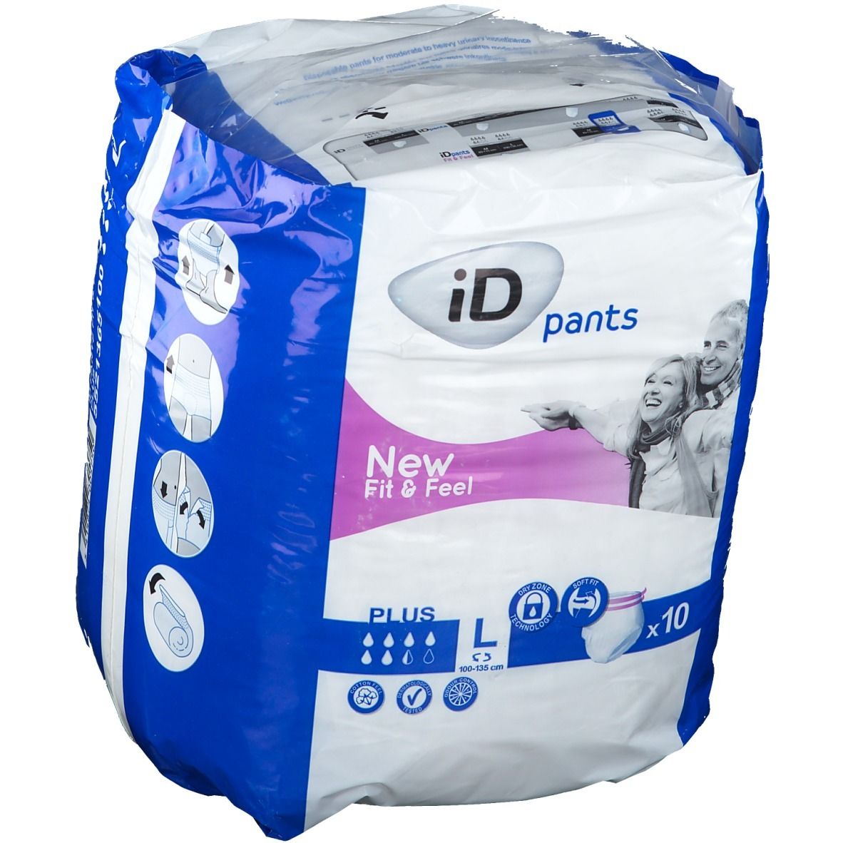Verpackung iD Pants Fit & Feel plus Gr. L. Blaue und weiße Verpackung mit Produktabbildung und Logo. Enthält 10 Stück.