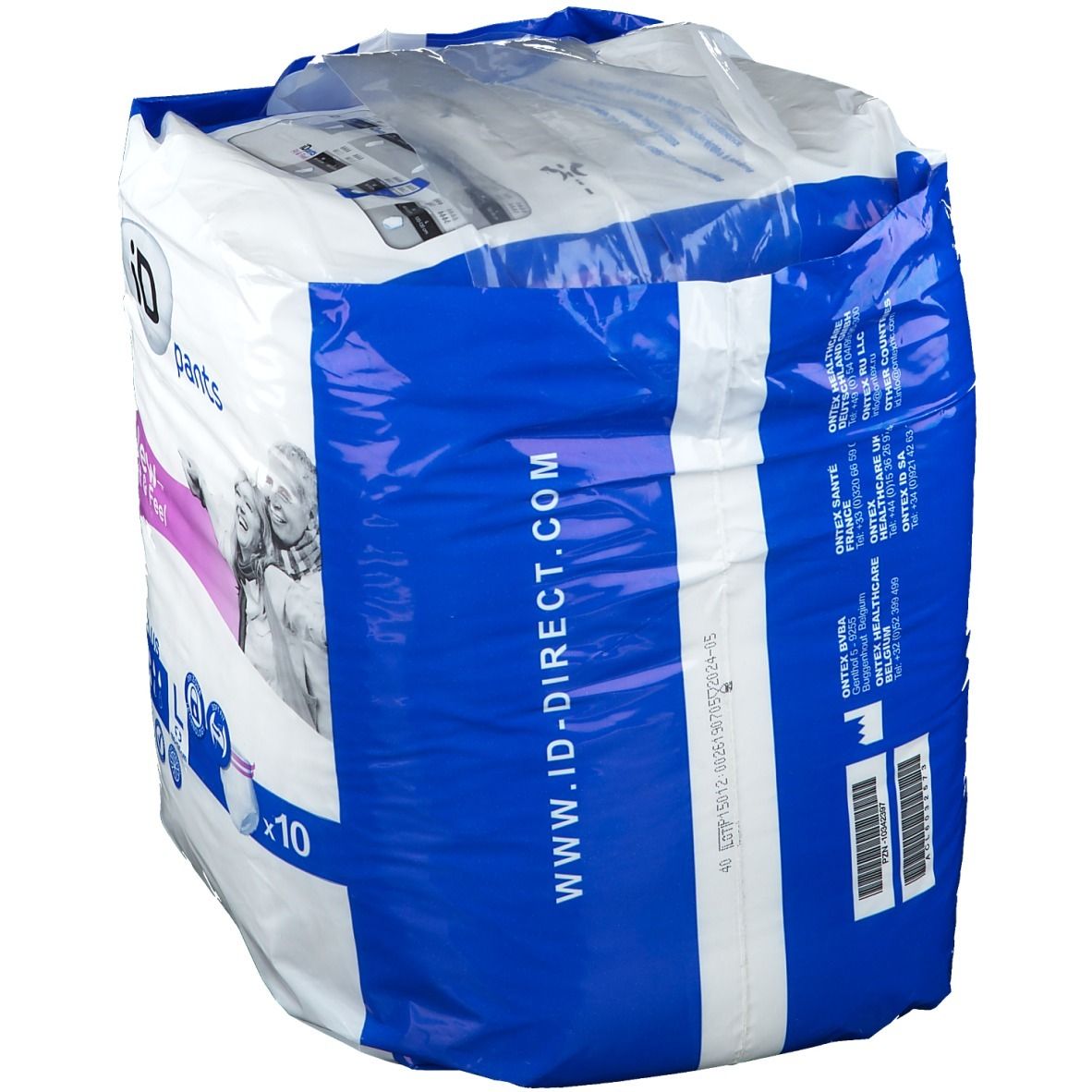 Verpackung iD Pants Fit & Feel plus Gr. L. Rückseite mit Text und Logo. Enthält 10 Stück. Website-Adresse: ID-DIRECT.COM.