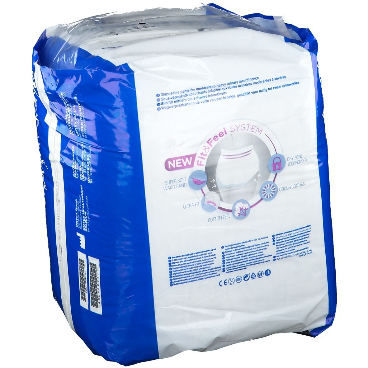 Verpackung iD Pants Fit & Feel plus Gr. L. Rückseite mit Produktinformationen und dem Fit & Feel SYSTEM. CE-Kennzeichnung.