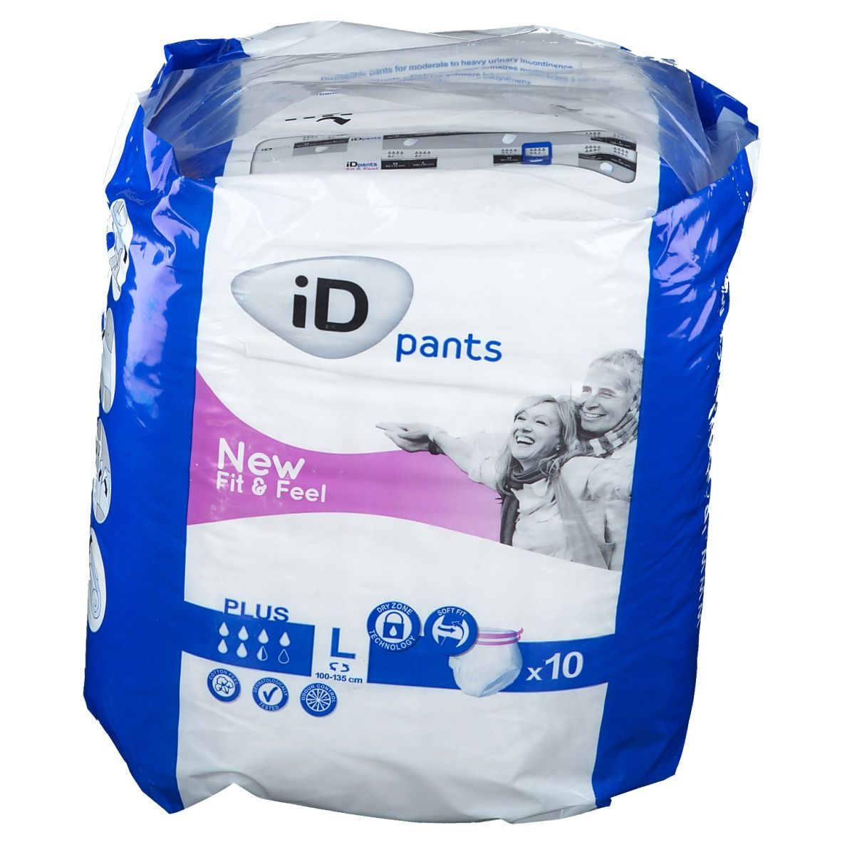 Verpackung iD Pants Fit & Feel plus Gr. L. Vorderseite mit Logo, Produktname und Abbildung. Enthält 10 Stück. Größe L.