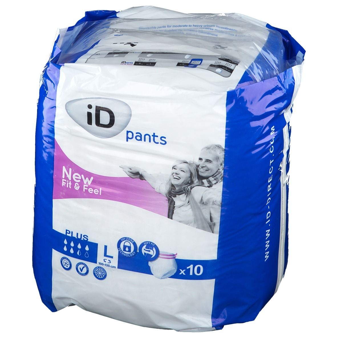 Verpackung iD Pants Fit & Feel plus Gr. L. Vorderseite mit Logo, Produktname und Abbildung. Enthält 10 Stück. Größe L.