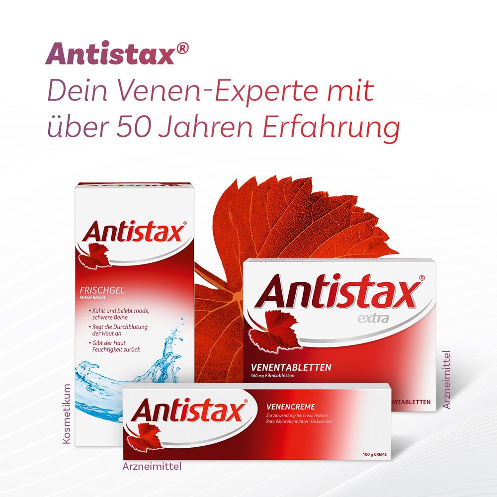 Drei Antistax-Produkte: Frischgel, Venentabletten, Venencreme. Text: Dein Venen-Experte mit über 50 Jahren Erfahrung.