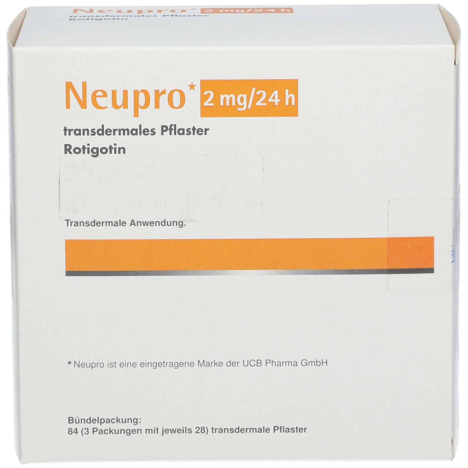 Weiße Schachtel mit orangefarbenem Streifen. Aufschrift: Neupro 2 mg/24 h, transdermales Pflaster, Rotigotin.
