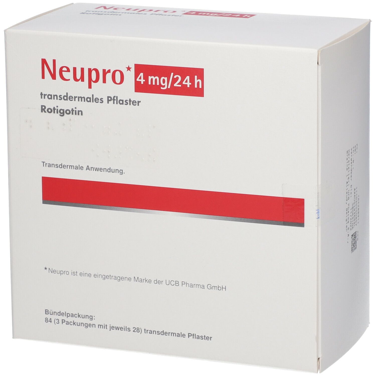 Weiße Schachtel mit rotem Streifen und Aufschrift Neupro 4 mg/24h. Enthält transdermales Pflaster Rotigotin.