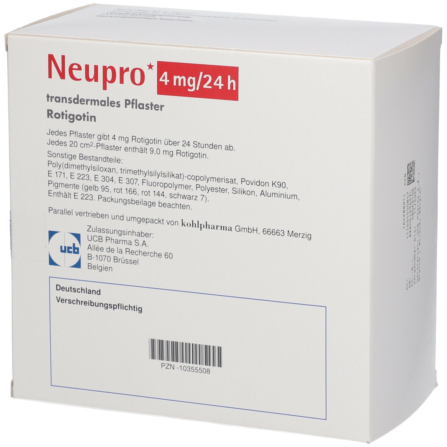 Weiße Schachtel mit Produktinformationen. Aufschrift Neupro 4 mg/24h, transdermales Pflaster Rotigotin. Rückseite mit Text.