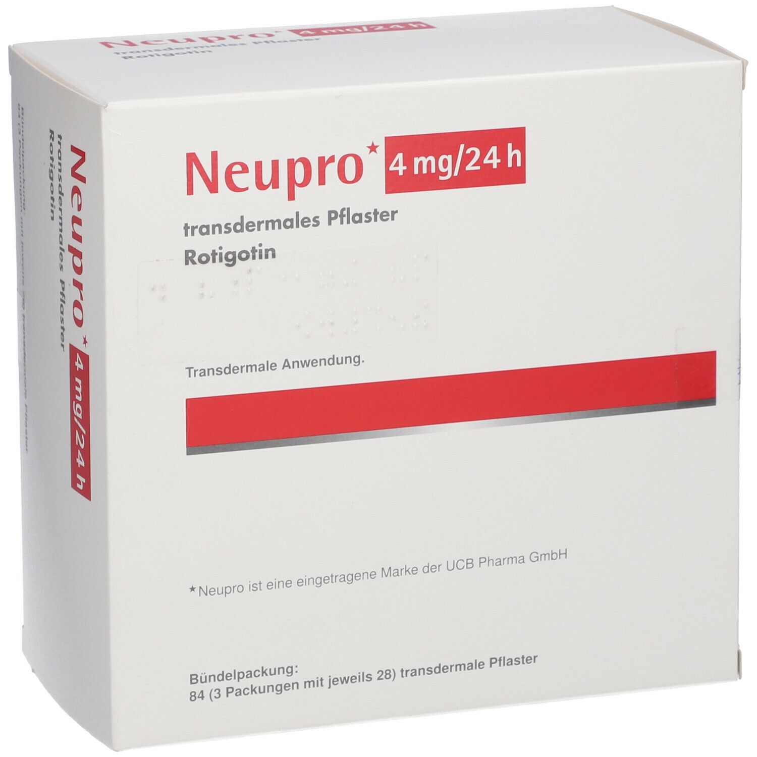 Weiße Schachtel mit rotem Streifen und Aufschrift Neupro 4 mg/24h. Enthält transdermales Pflaster Rotigotin.