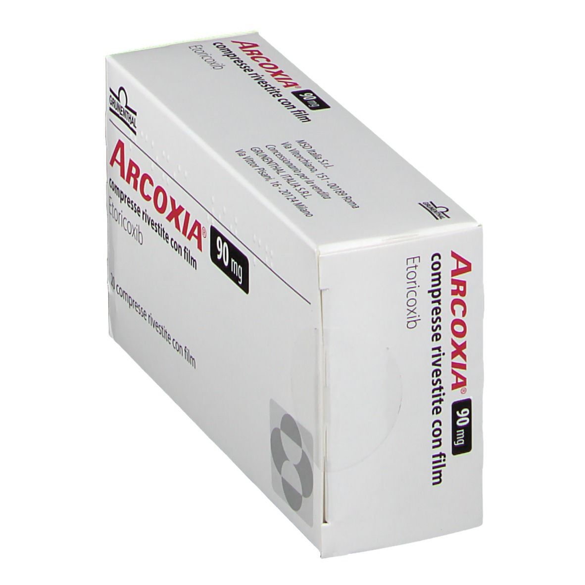 Schachtel ARCOXIA 90 mg, schräg. Rote Schrift, weiße Verpackung. Grünenthal Logo. Text: compresse rivestite con film.