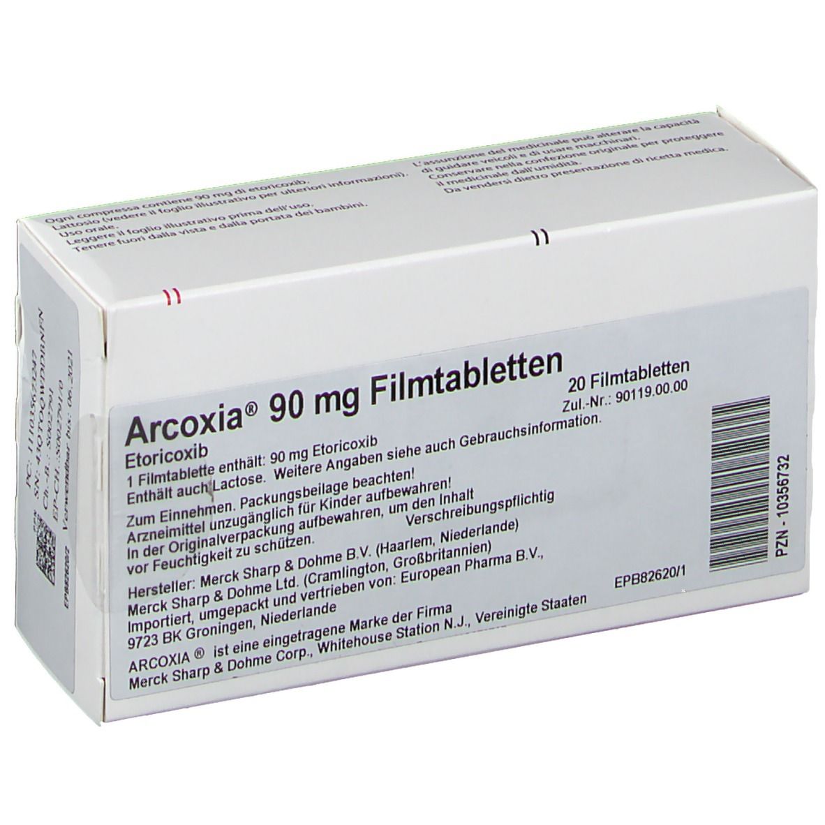 Schachtel ARCOXIA 90 mg Filmtabletten. Weiße Verpackung, Text in Deutsch. 20 Tabletten. Herstellerinformationen.