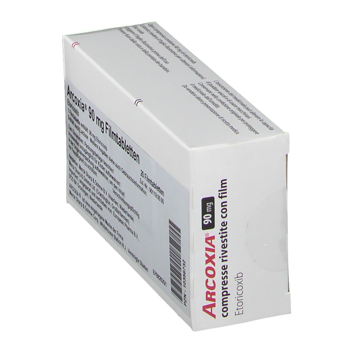 Schachtel ARCOXIA 90 mg Filmtabletten, schräg. Weiße Verpackung, Text in Deutsch. 20 Tabletten.