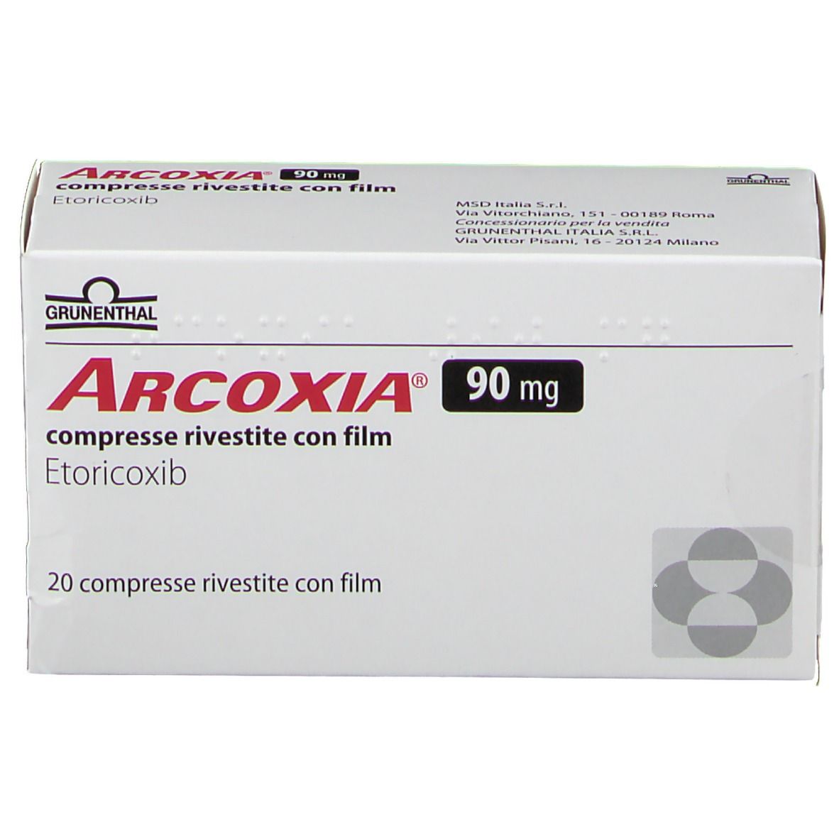 Schachtel ARCOXIA 90 mg Filmtabletten. Rote Schrift, weiße Verpackung. 20 Tabletten. Grünenthal Logo.