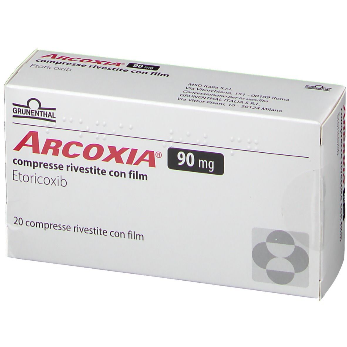 Schachtel ARCOXIA 90 mg Filmtabletten. Rote Schrift, weiße Verpackung. 20 Tabletten. Grünenthal Logo.
