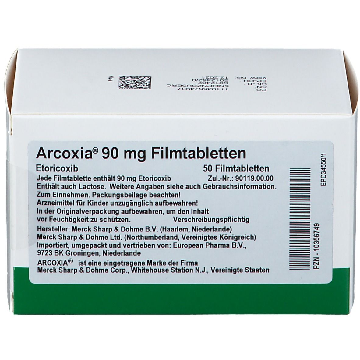 Schachtel mit ARCOXIA 90 mg Filmtabletten. Text: Etoricoxib, 50 Filmtabletten. Herstellerinformationen und Chargennummer.
