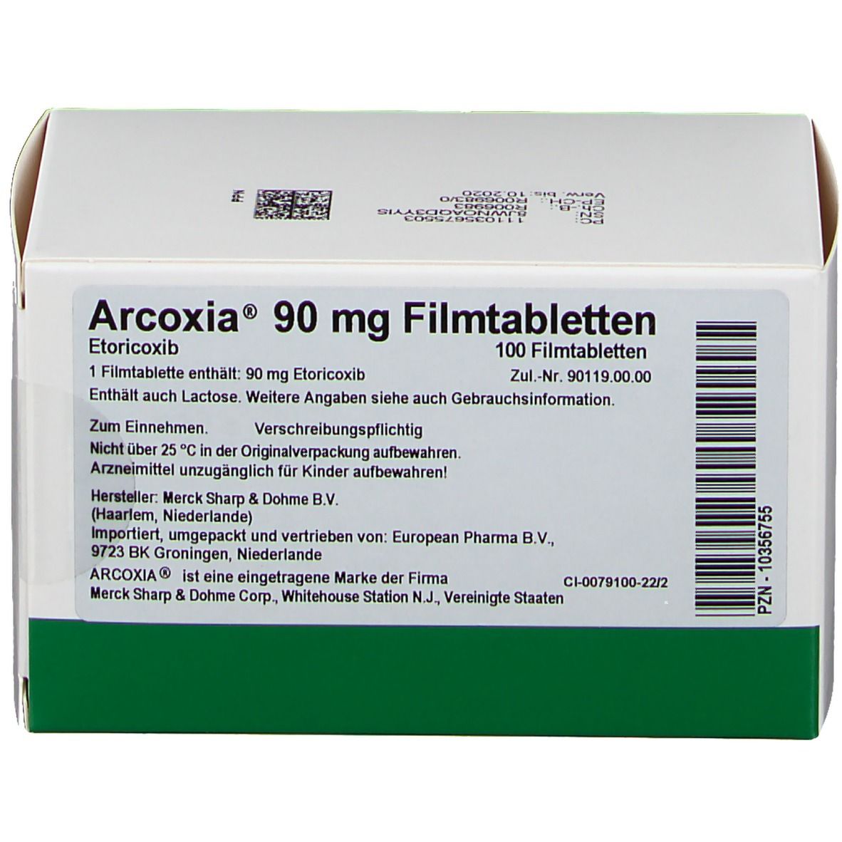 Arzneimittelpackung mit Aufschrift ARCOXIA 90 mg Filmtabletten. Enthält 100 Tabletten. Hersteller Merck Sharp & Dohme B.V.