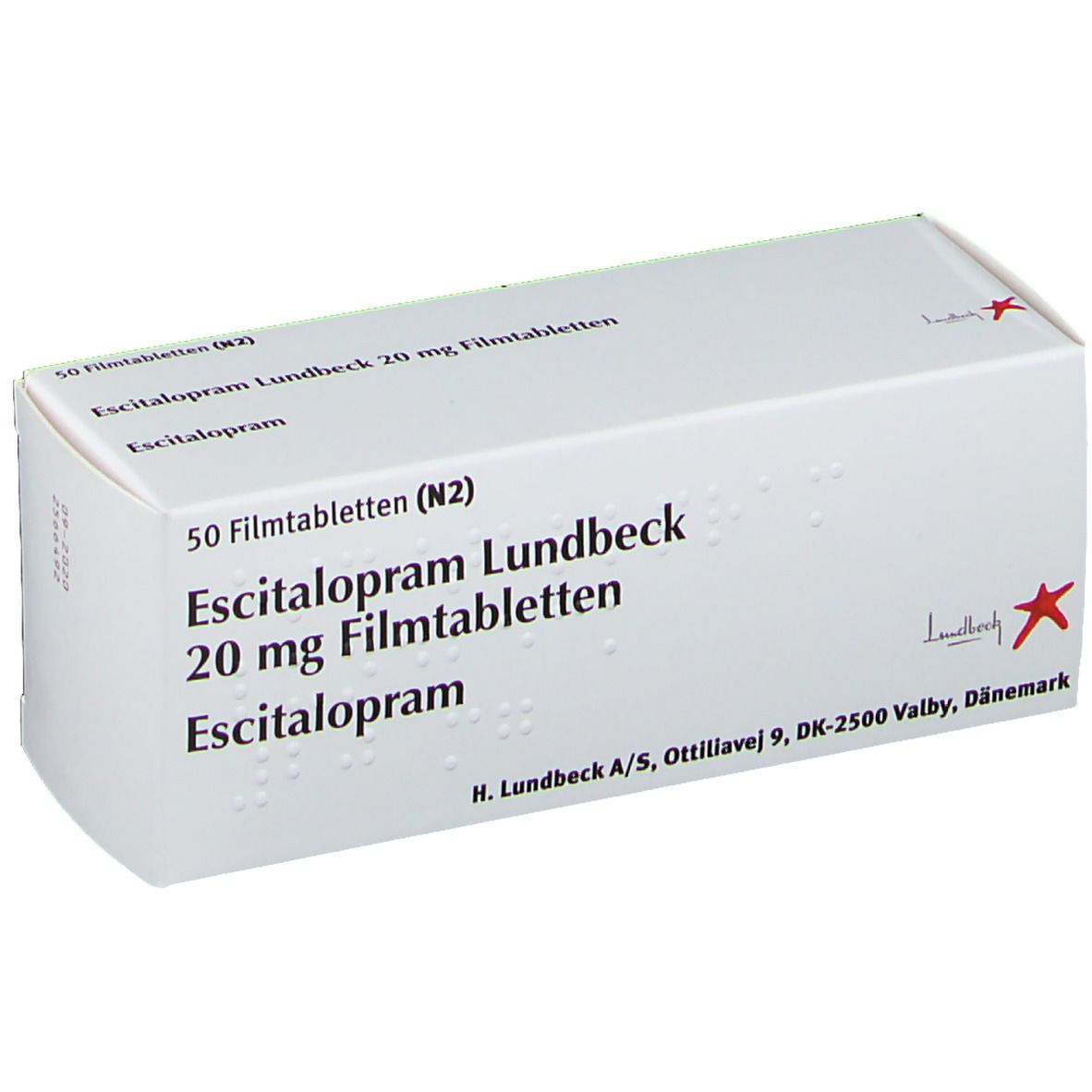 Weiße Schachtel mit Aufschrift 'Escitalopram Lundbeck 20 mg Filmtabletten'. Roter Stern und Logo. 50 Filmtabletten.