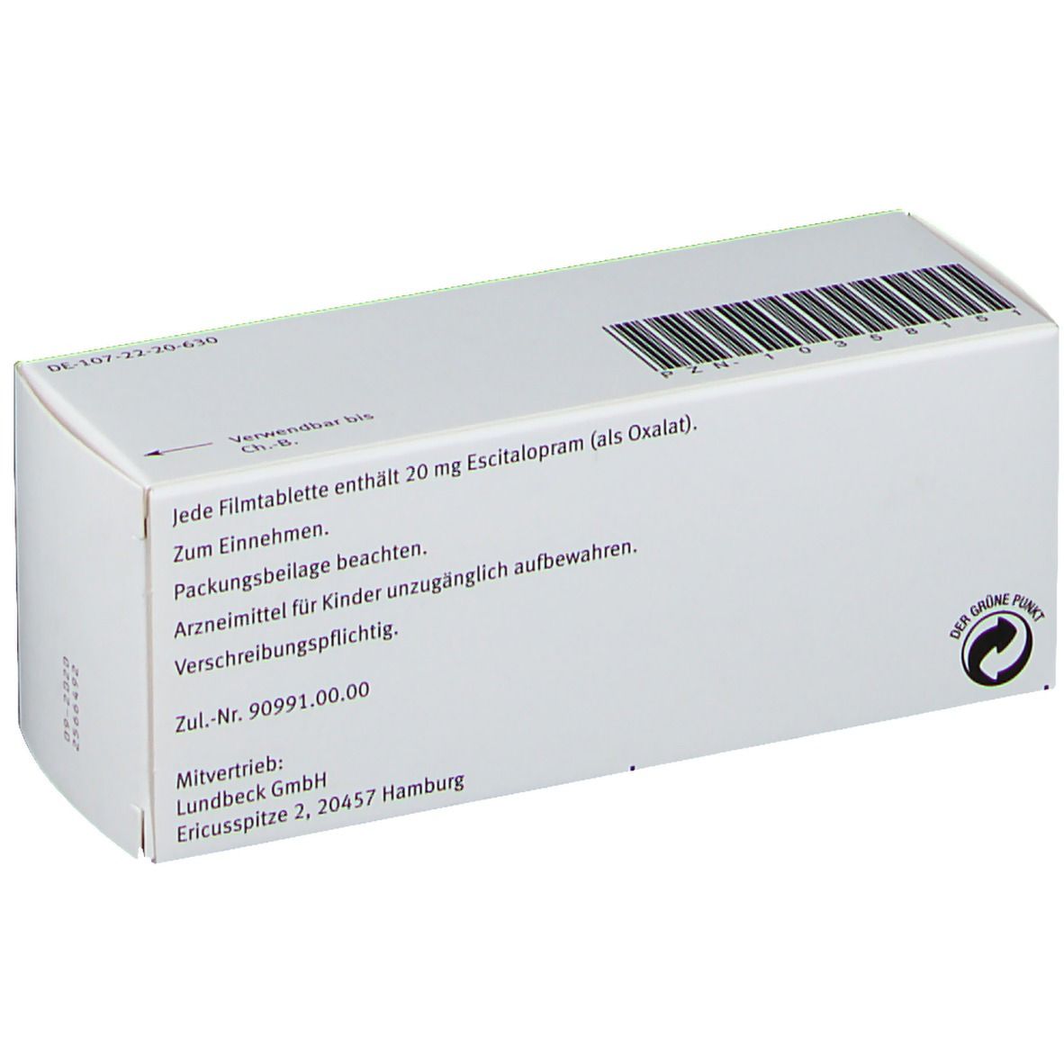 Rückseite der Schachtel mit Text. Enthält 20 mg Escitalopram. Barcode und Logo. Herstellerinformationen.