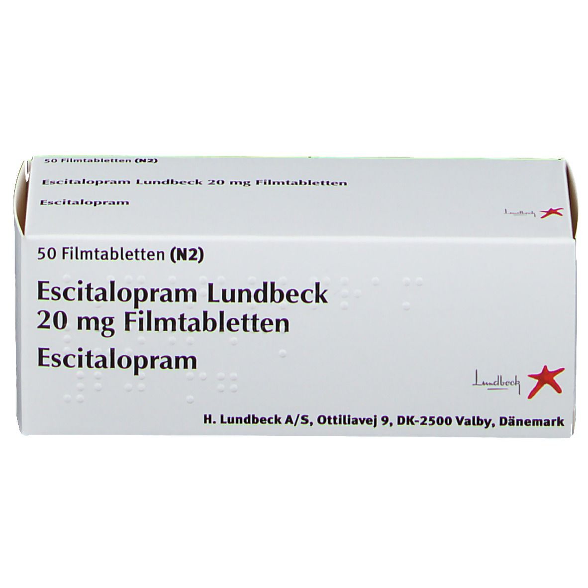 Weiße Schachtel mit 'Escitalopram Lundbeck 20 mg Filmtabletten'. Roter Stern und Logo. 50 Filmtabletten.