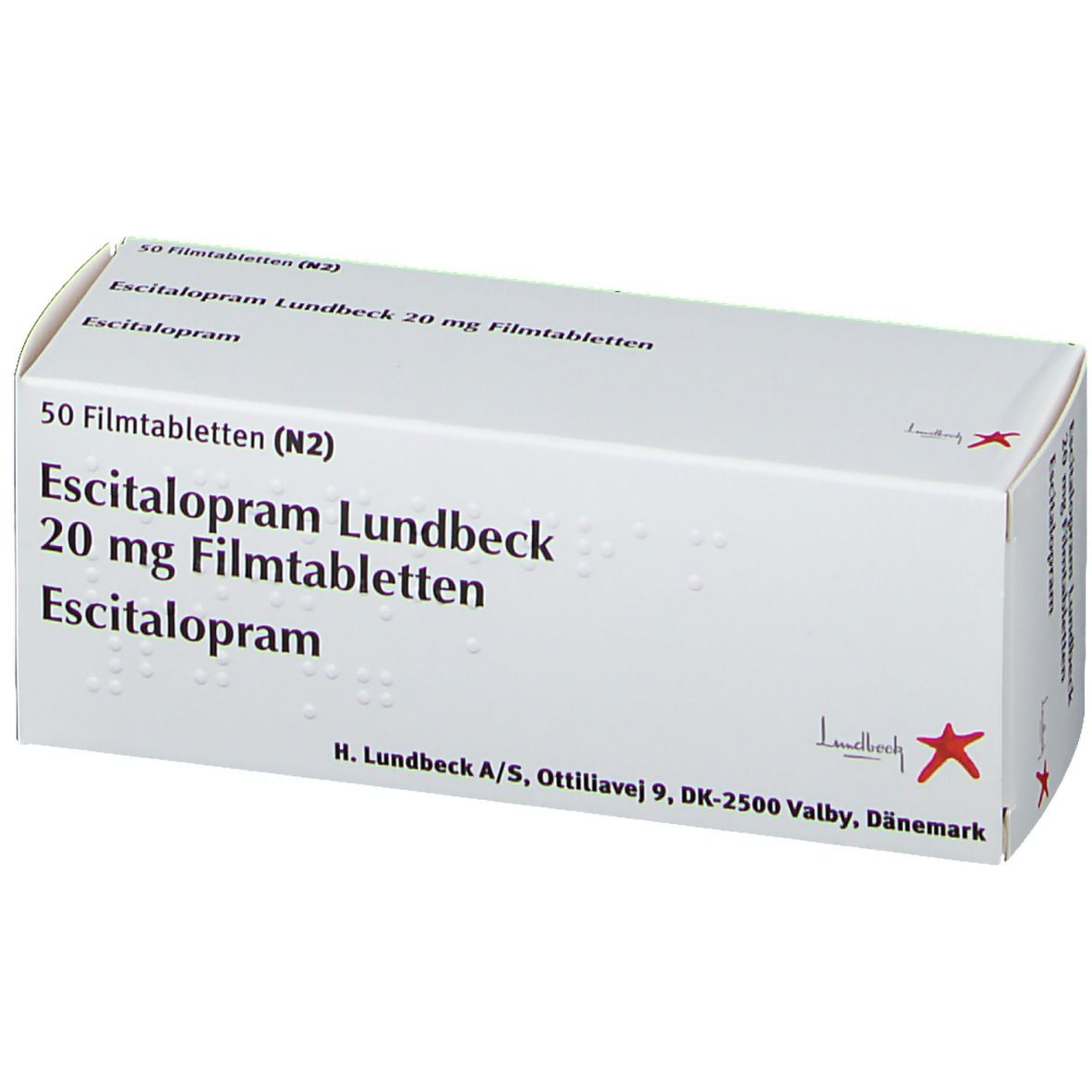 Weiße Schachtel mit 'Escitalopram Lundbeck 20 mg Filmtabletten'. Roter Stern und Logo. 50 Filmtabletten.
