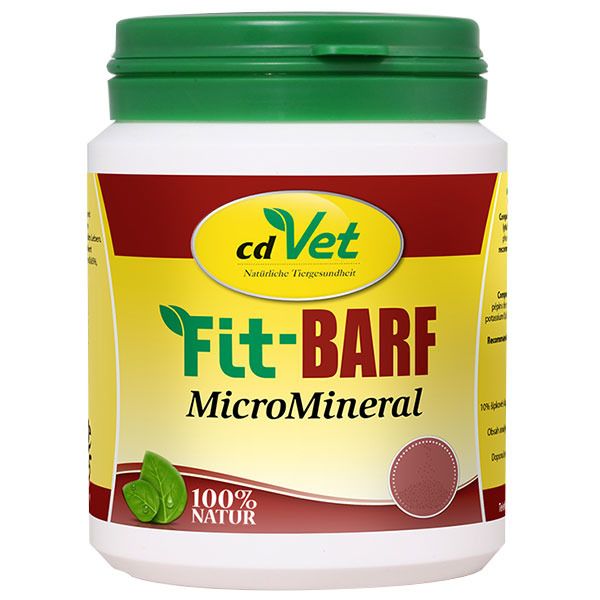 Weißes Behältnis mit grünem Deckel. Aufschrift: cdVet Fit-BARF MicroMineral. Logo mit Blättern. 100% Natur.