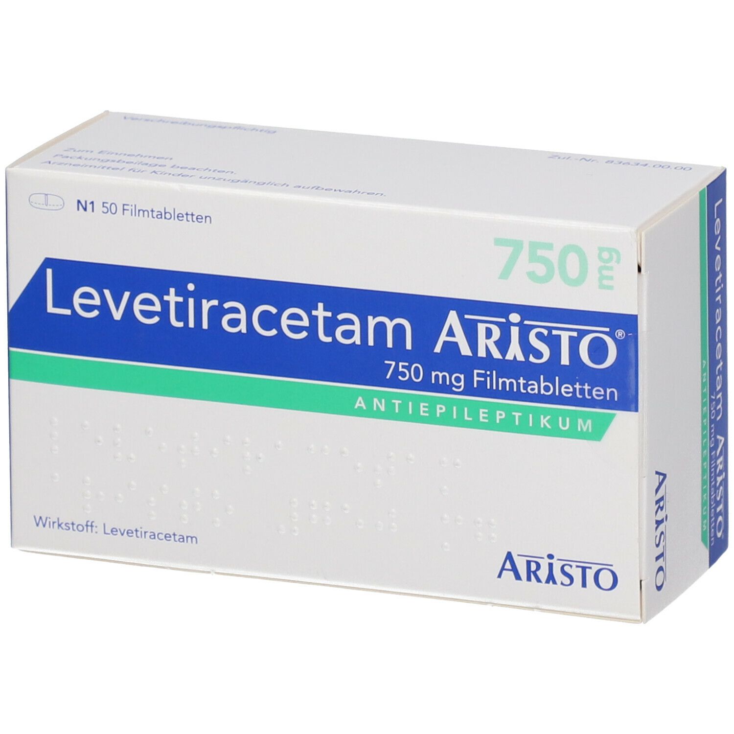 Schachtel Levetiracetam Aristo 750 mg Filmtabletten. Grün-weiße Verpackung mit Produktnamen und Dosierung.