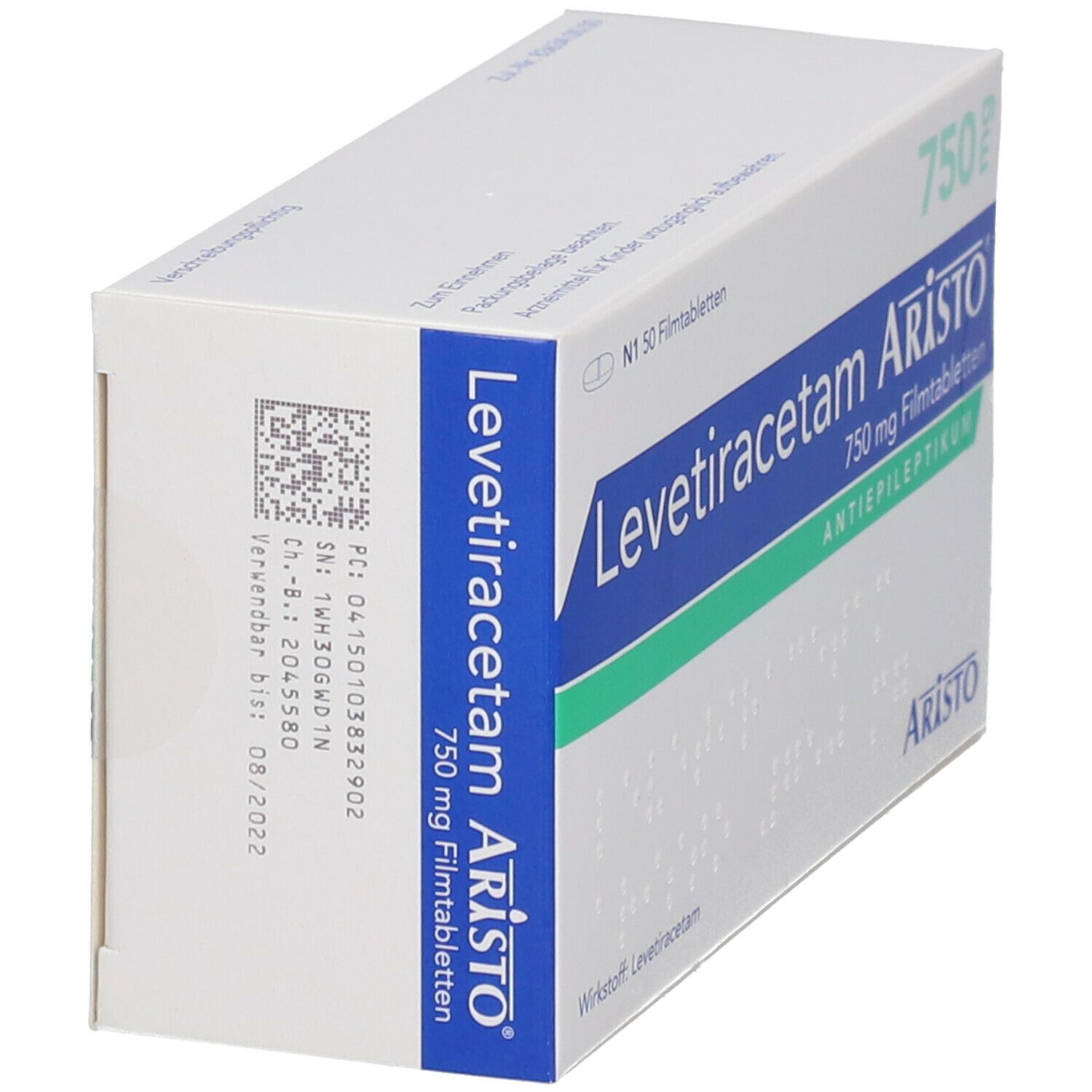 Schachtel Levetiracetam Aristo 750 mg. Weiße Verpackung mit blauem Streifen und Produktinformationen.
