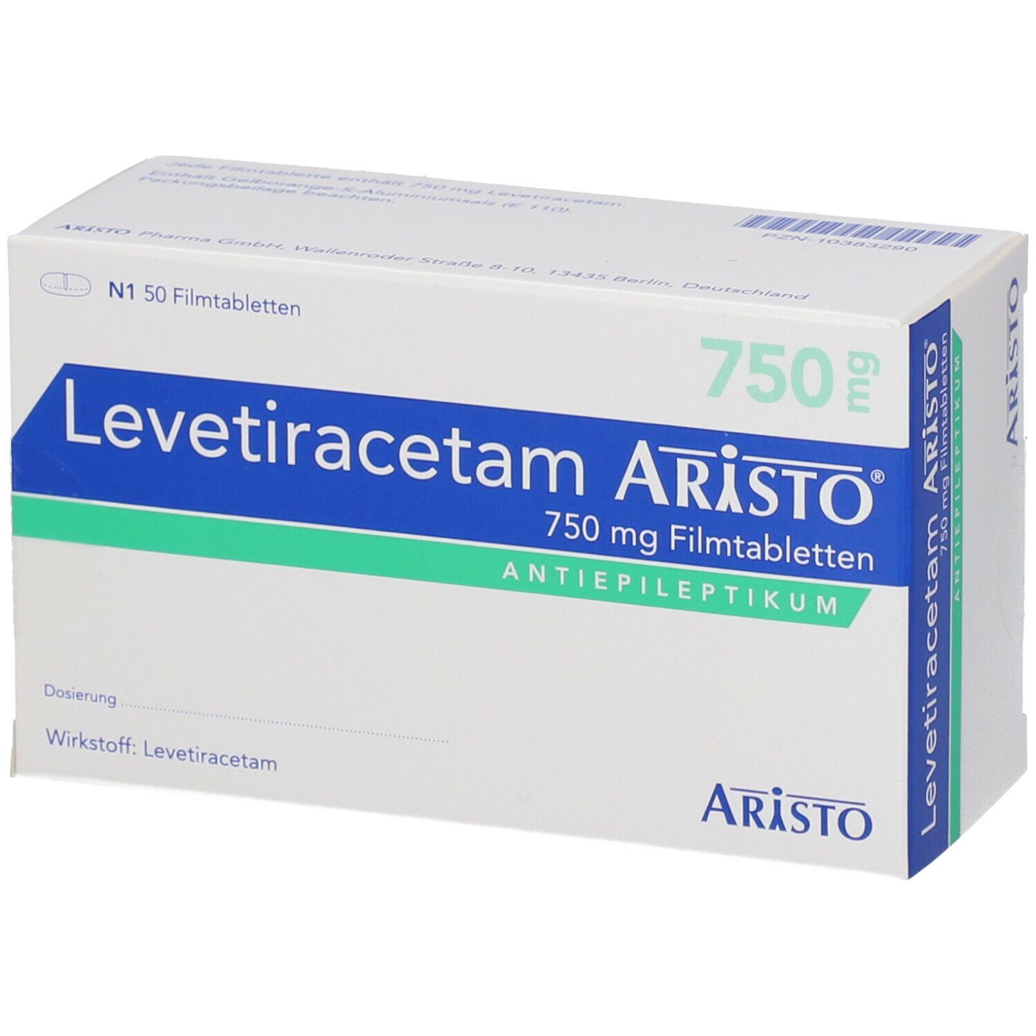 Schachtel Levetiracetam Aristo 750 mg Filmtabletten. Grün-weiße Verpackung mit Produktnamen und Dosierung.
