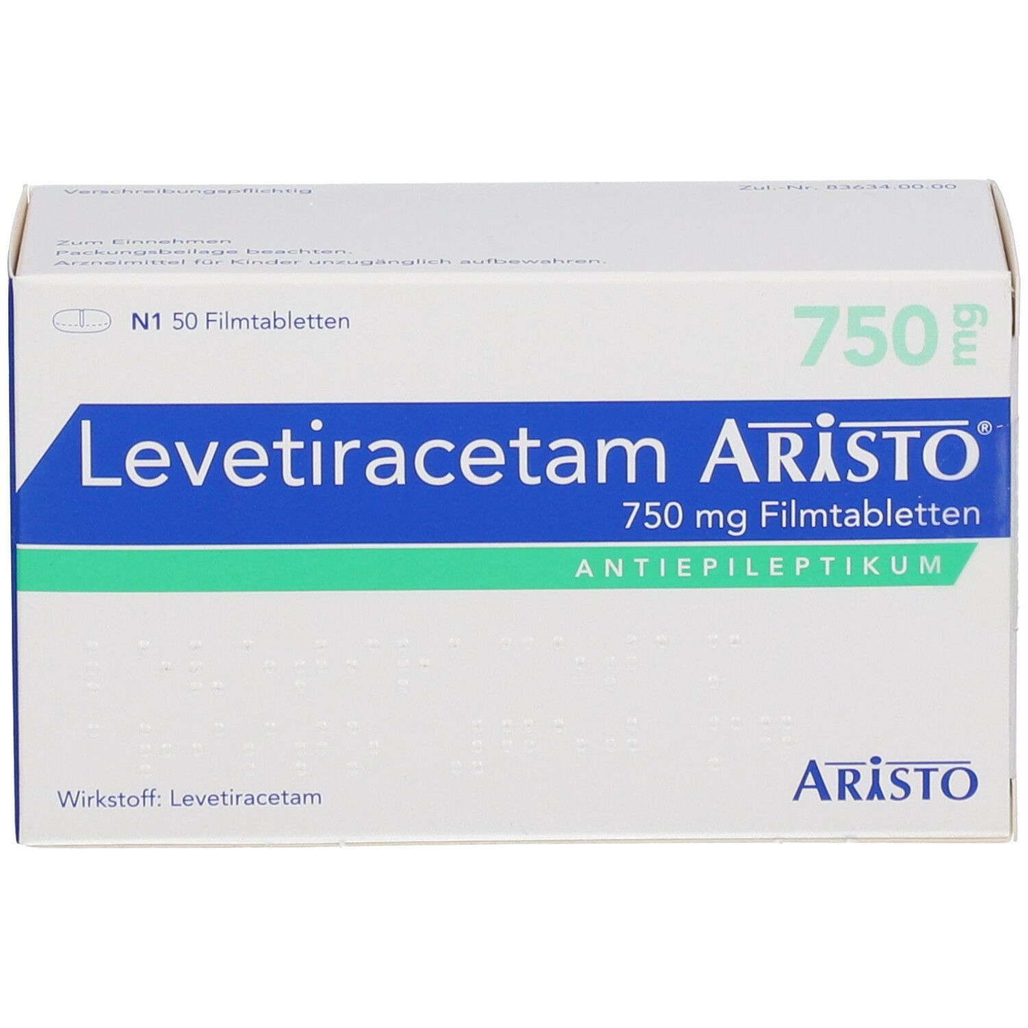 Schachtel Levetiracetam Aristo 750 mg Filmtabletten. Grün-weiße Verpackung mit Produktnamen und Dosierung.