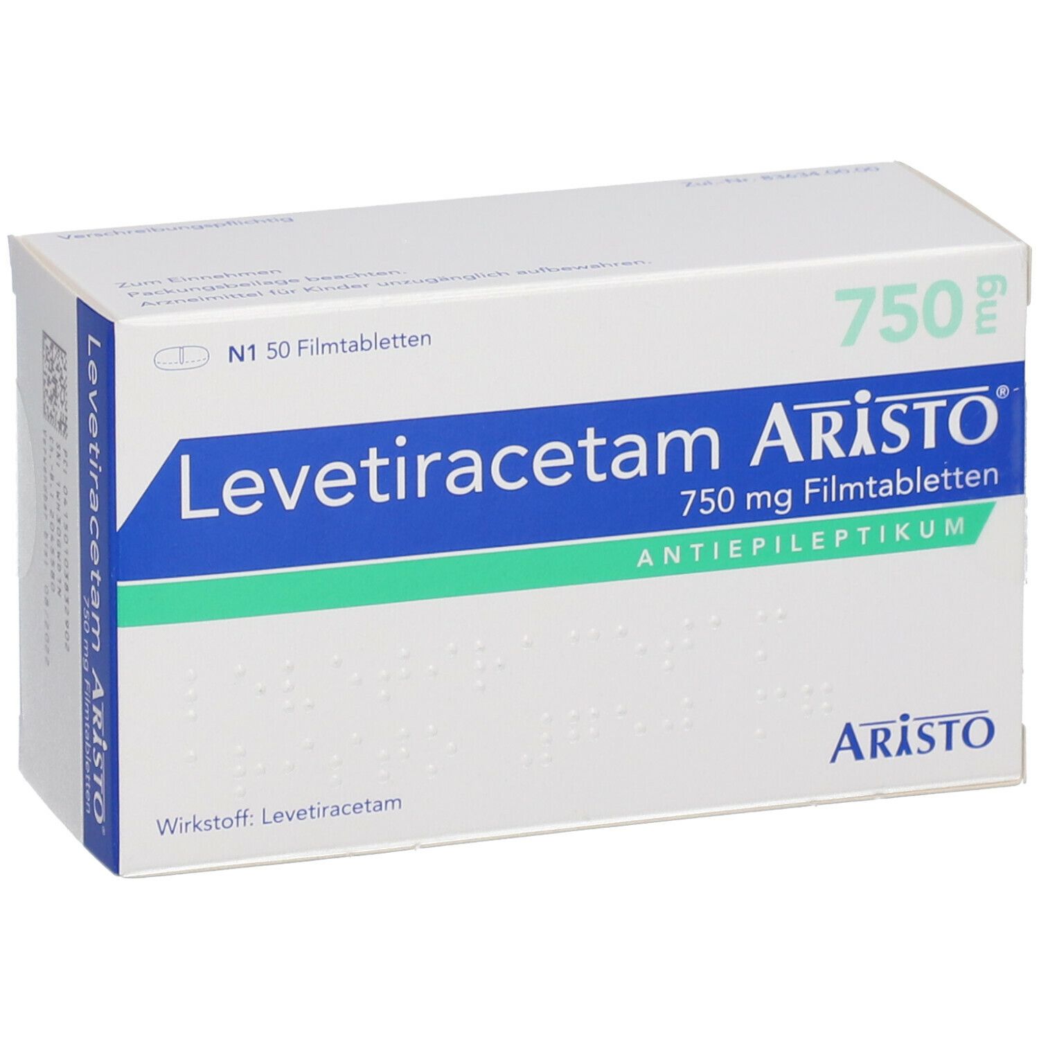 Schachtel Levetiracetam Aristo 750 mg Filmtabletten. Grün-weiße Verpackung mit Produktnamen und Dosierung.
