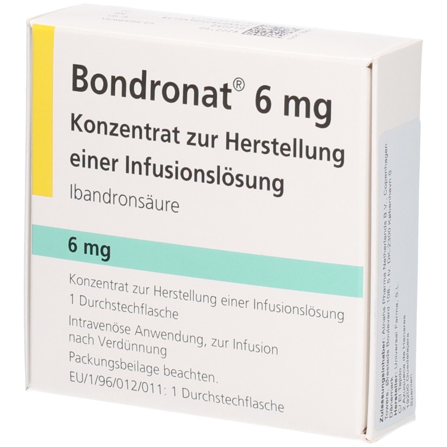 Weiße Schachtel mit gelbem Streifen. Aufschrift: Bondronat 6 mg, Konzentrat zur Herstellung einer Infusionslösung. Enthält Ibandronsäure.